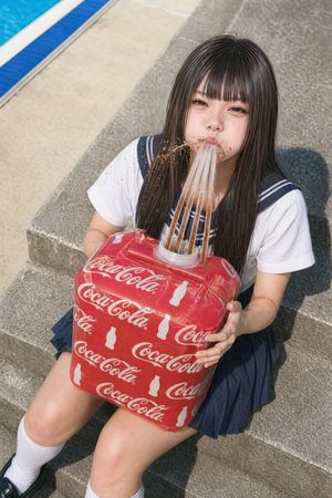 Schoolgirl With Giant Soda Cube AI image template preview