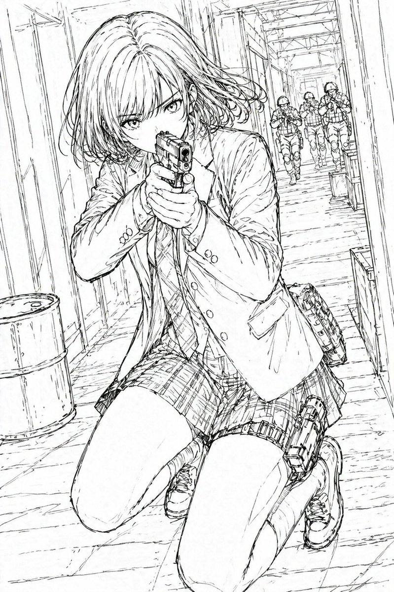 Anime Schoolgirl Gunfight on Industrial Walkway example 2