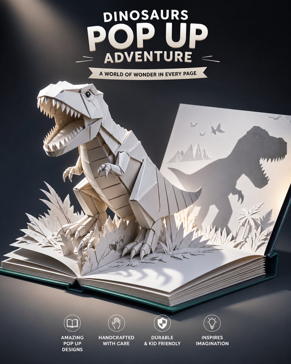 Product Marketing - Origami Dinosaur Pop-Up Book Ad generated image example