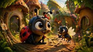 Whimsical Ladybug and Bee Village Scene