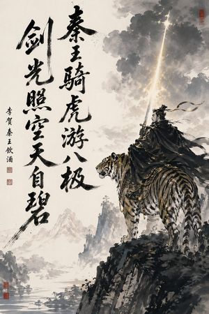 Ink-Wash Warrior Riding a Tiger