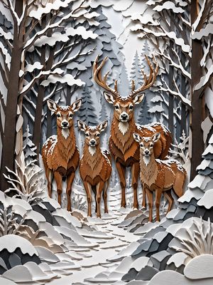 Winter Deer Papercut Forest