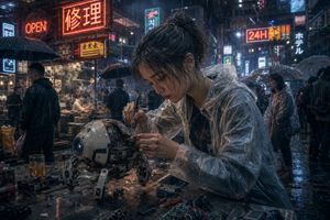Cyberpunk Rainy Street Robot Repair