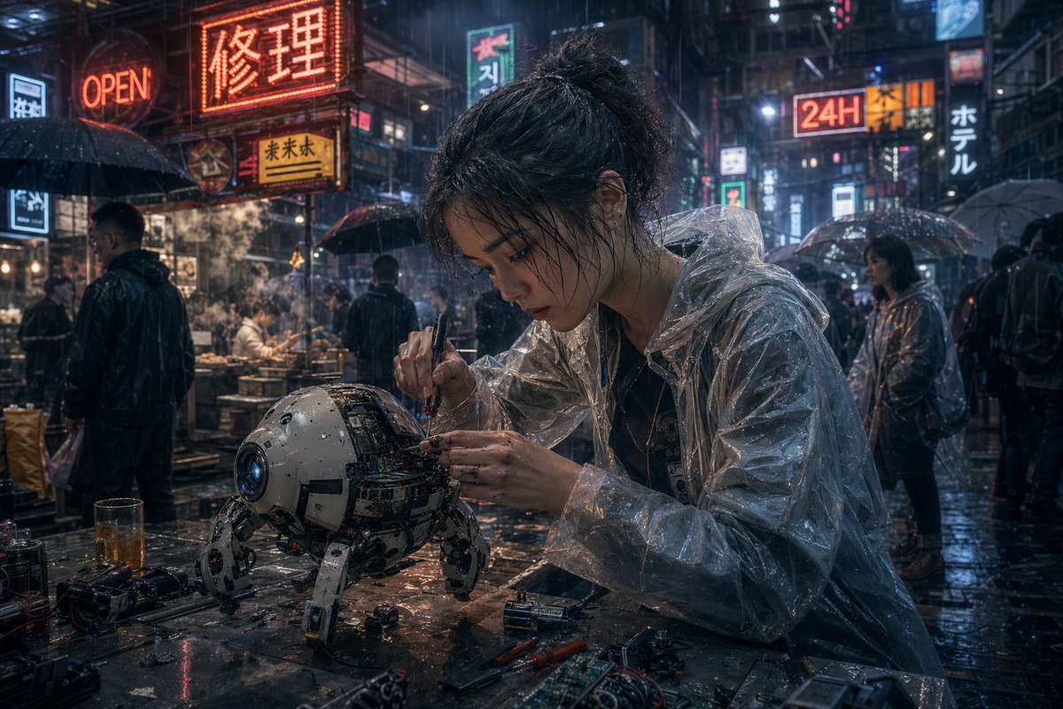 Cyberpunk Rainy Street Robot Repair