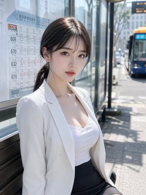 Realistic Woman at Japanese Bus Stop