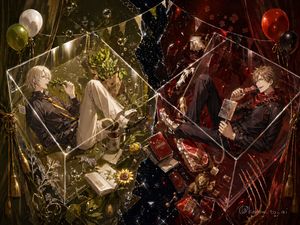 Dual-Themed Anime Boys in Crystal Boxes