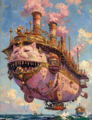 Steampunk Cat Airship Over the Sea