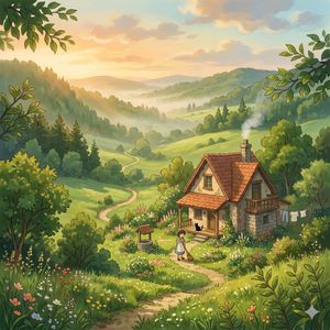 Whimsical Cottage Valley Sunrise