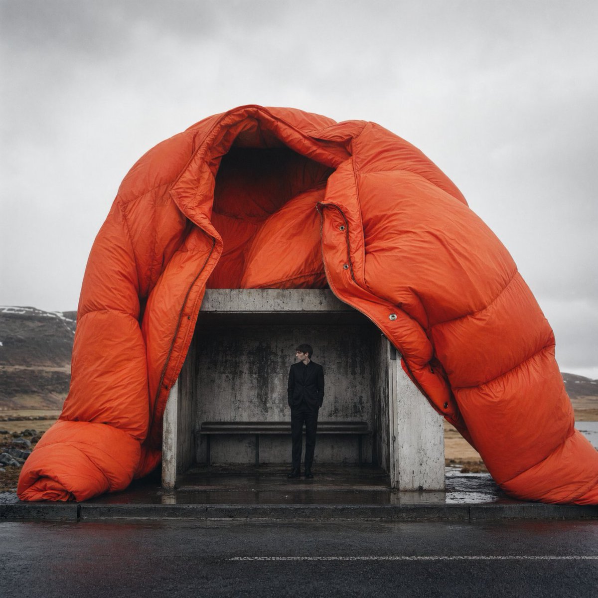 Product Marketing - Surreal Orange Puffer Bus Stop Editorial generated image example