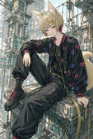 Fox-Eared Streetwear Boy in Steampunk City