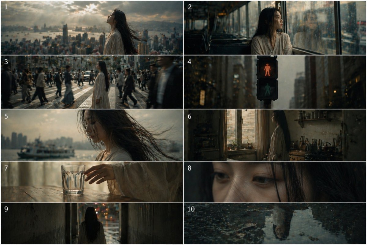 Melancholic 10-Frame Urban Storyboard