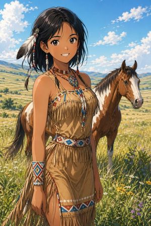 Anime Prairie Girl with Pinto Horse