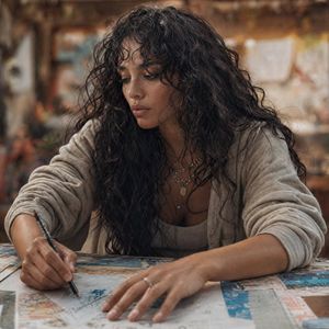 Modern Esther Writing at a Worktable