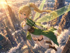 Leafa Flying Above a Golden Sky City