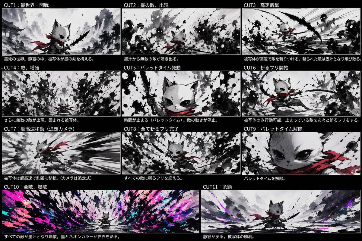 Ink Neon Cat Samurai Storyboard