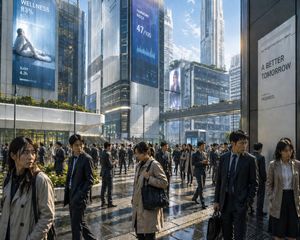 Futuristic Corporate Plaza With Data Billboards