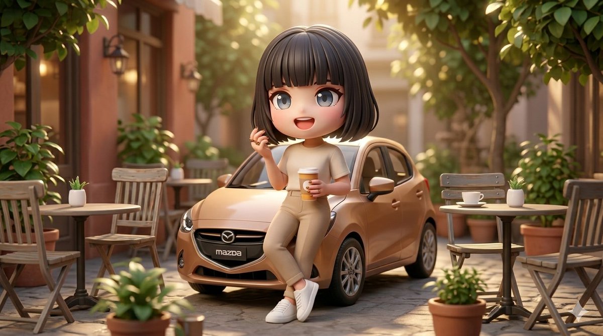 Sample output image for 3D Stylized Woman with Mazda Hatchback