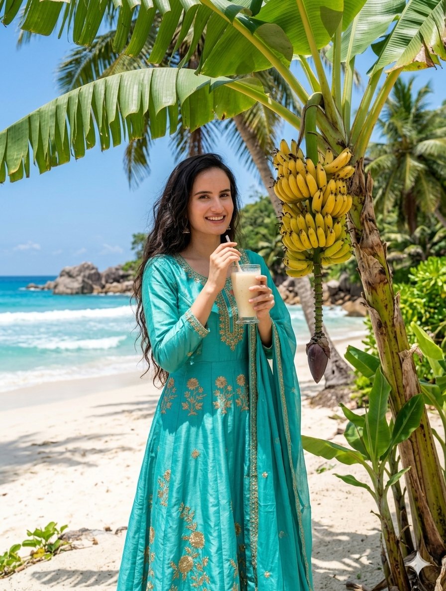 Sample output image for Indian Woman Drinking Banana Milkshake