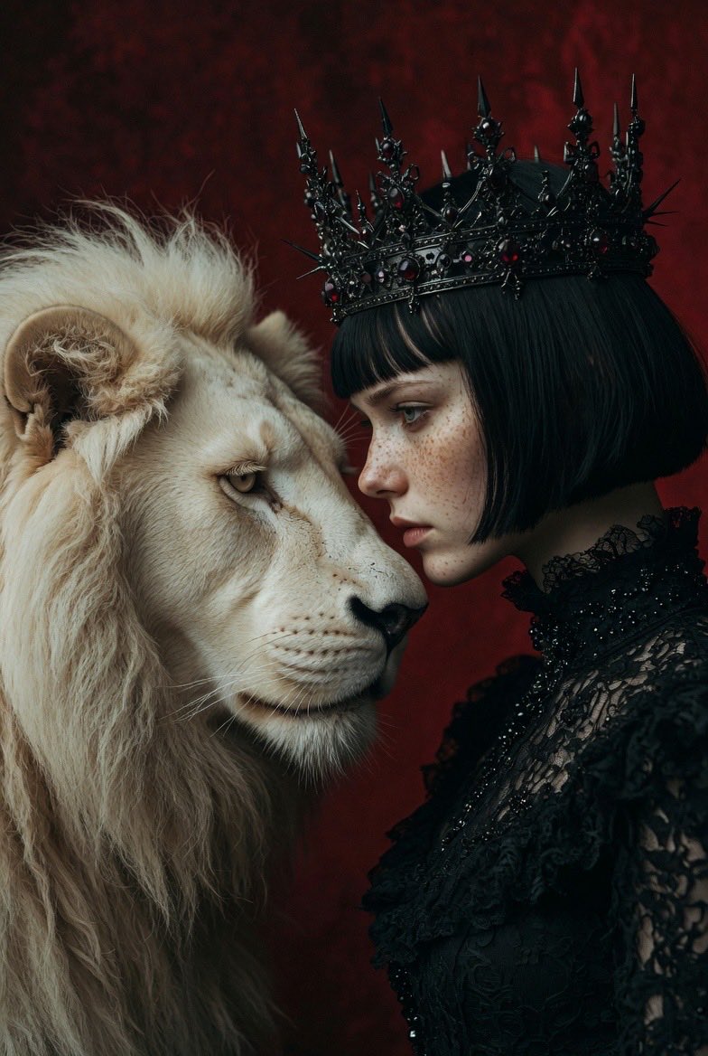 Gothic Woman and Albino Lion Portrait