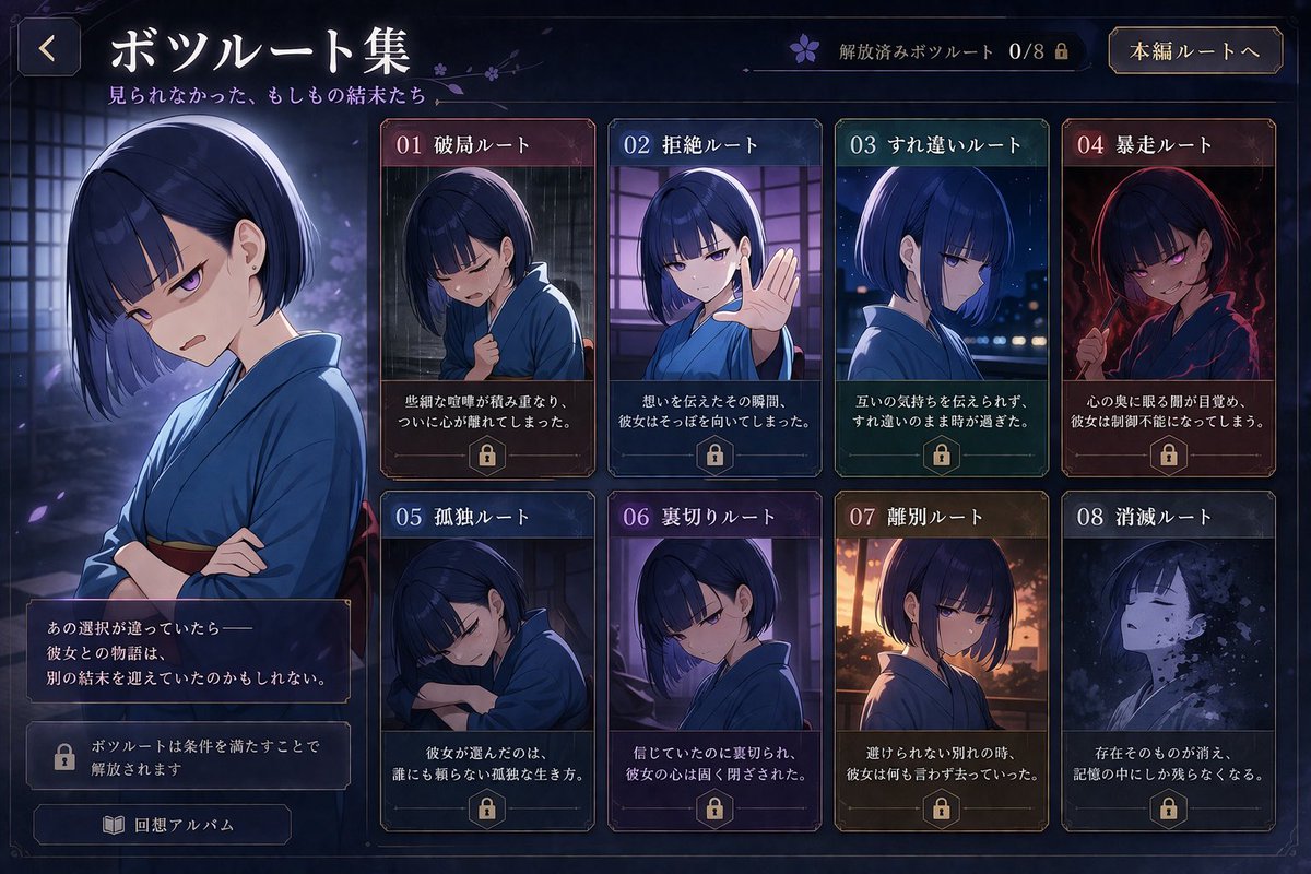 Visual Novel Rejected Routes UI AI 이미지 프롬프트 예시