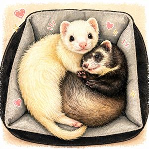 Cute Ferrets Cuddling in Pet Bed