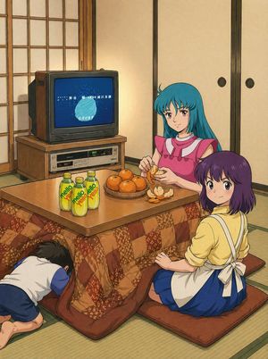 Retro Anime Kotatsu Family Scene