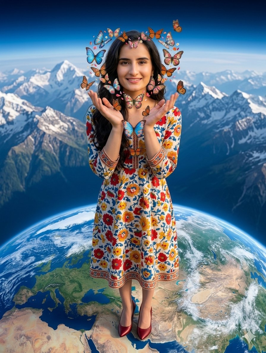 Sample output image for Surreal Woman with Butterflies and Globe
