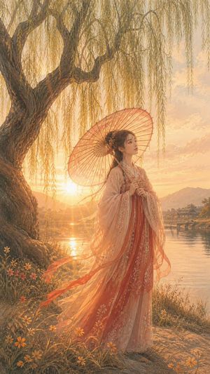 Sunset Hanfu Willow Lakeside Portrait