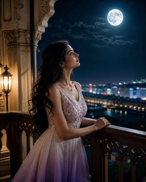 Moonlit Indian Woman Balcony Portrait