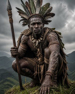 Crouching Tribal Warrior Portrait