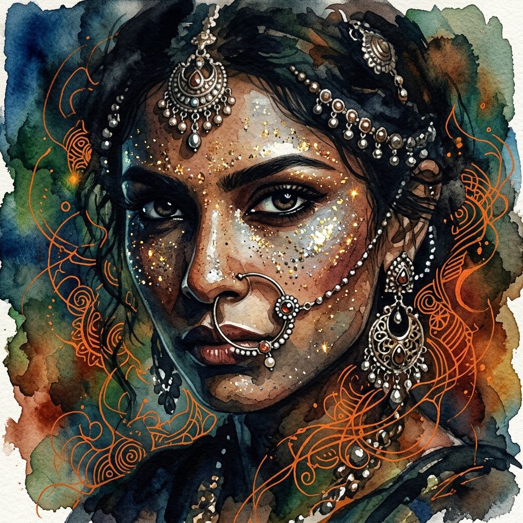 Ink wash and watercolor woman portrait 2