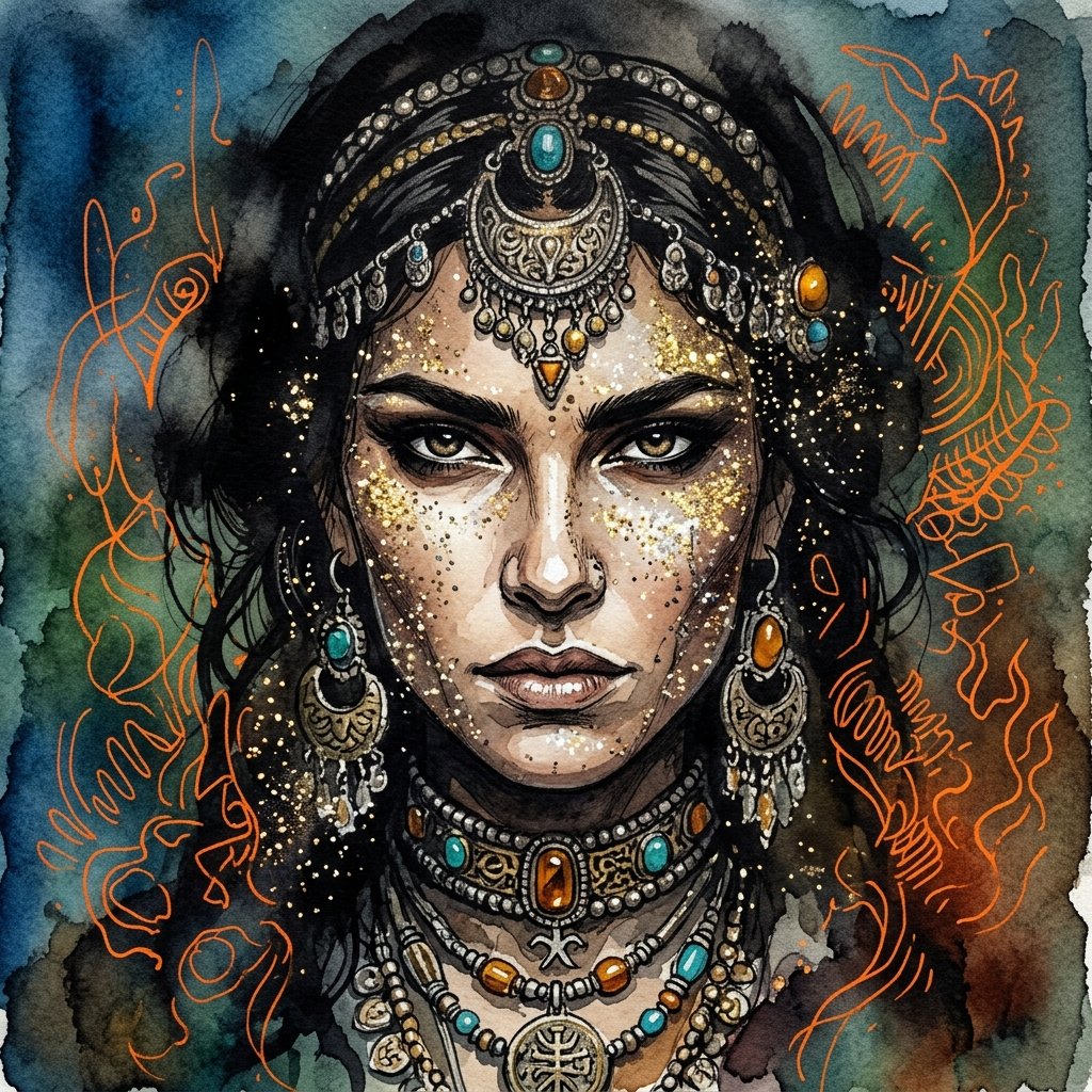Sample output image for Ink wash and watercolor woman portrait