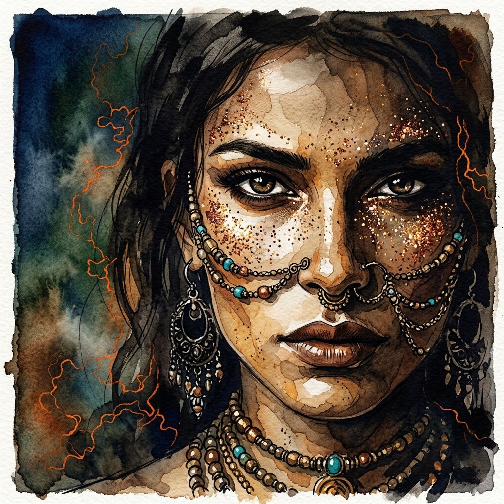 Ink wash and watercolor woman portrait 4