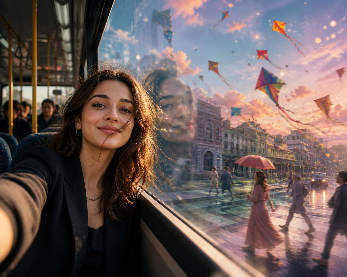 Publicación en redes sociales - Selfie surrealista en la ventana de un autobús - Image 1