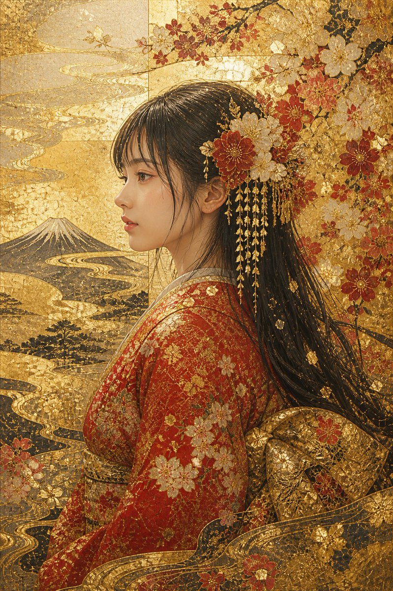 Kirikane Gold Kimono Portrait