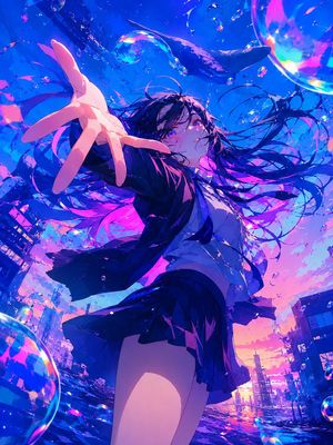 泡泡天空下的超现实动漫女学生