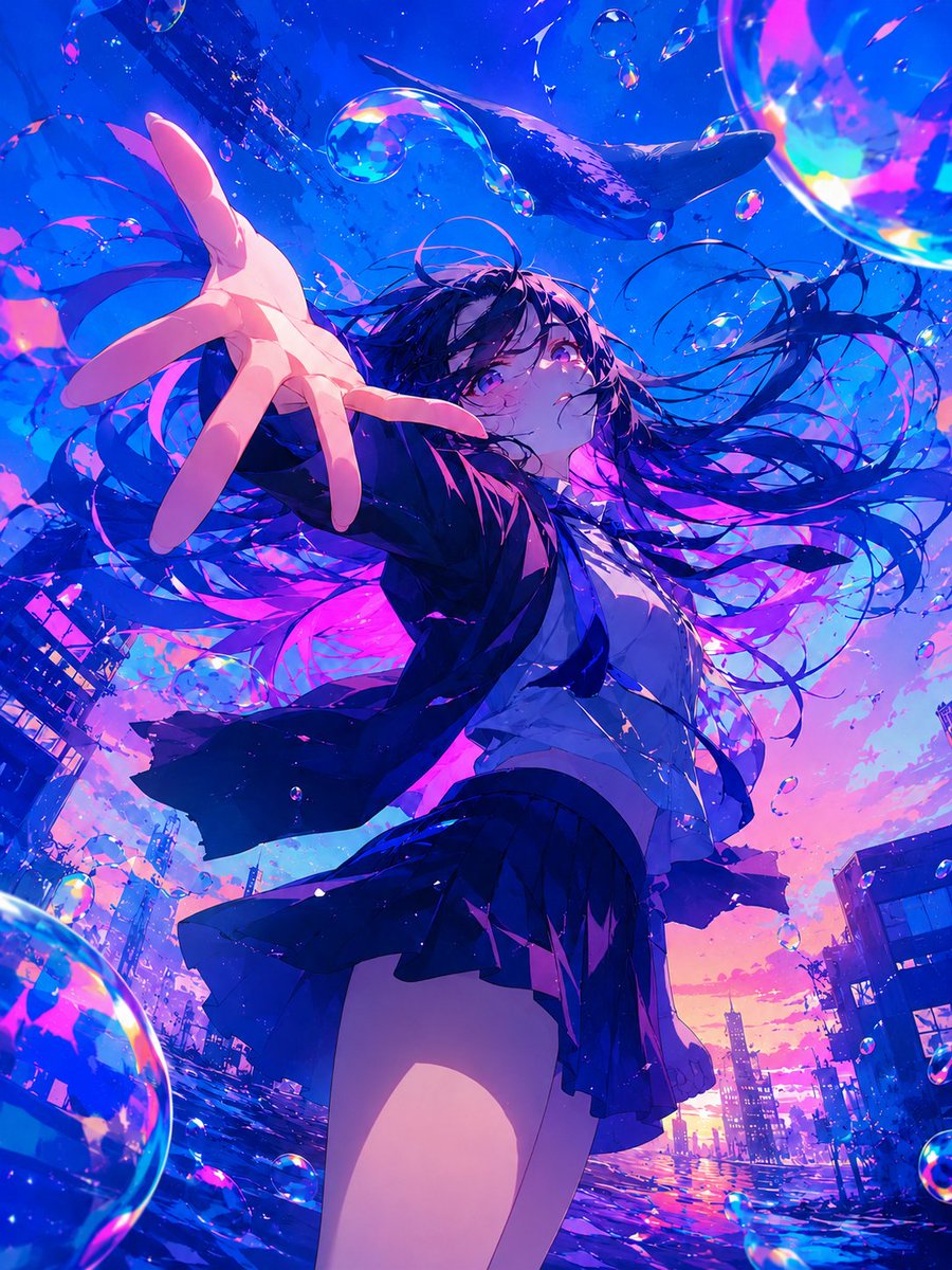 泡泡天空下的超现实动漫女学生