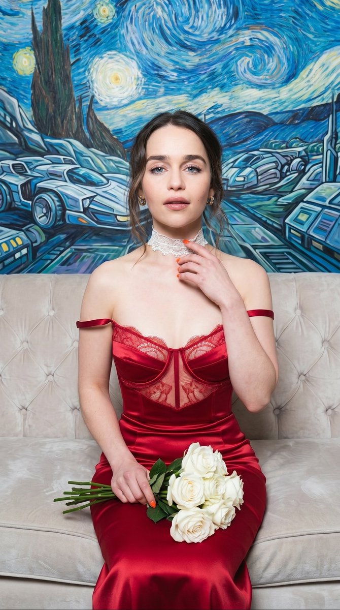 Sample output image for High-Fashion Boudoir with Futuristic Van Gogh Backdrop