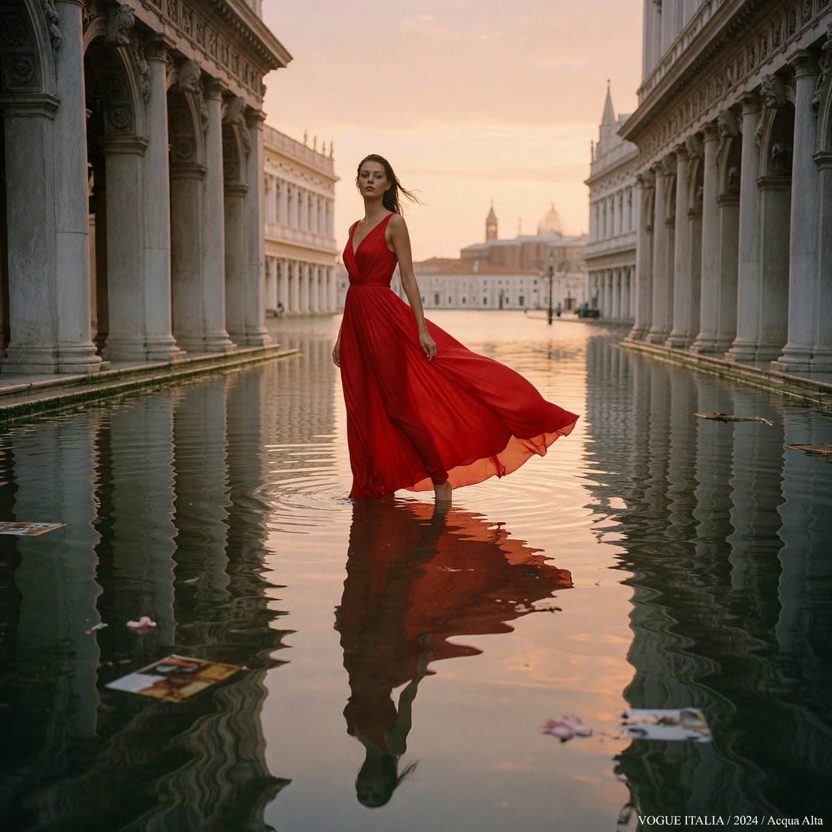 Crimson Gown in Flooded Venice