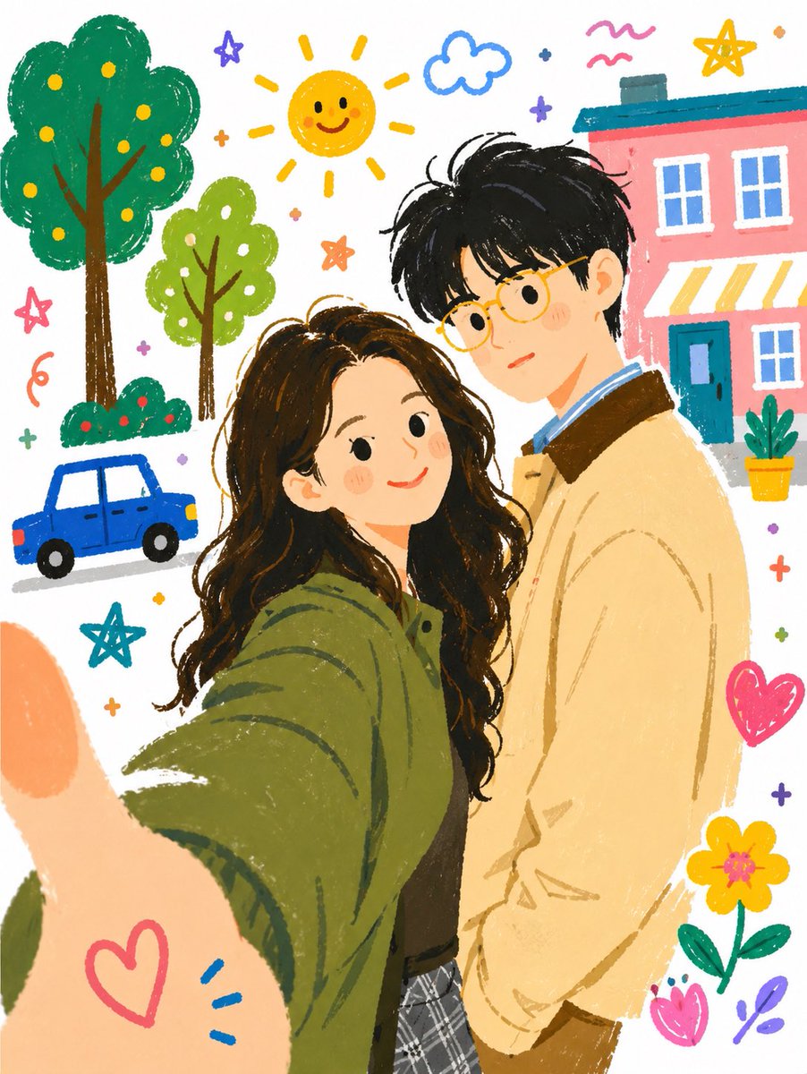 Cozy Couple Selfie Doodle Illustration