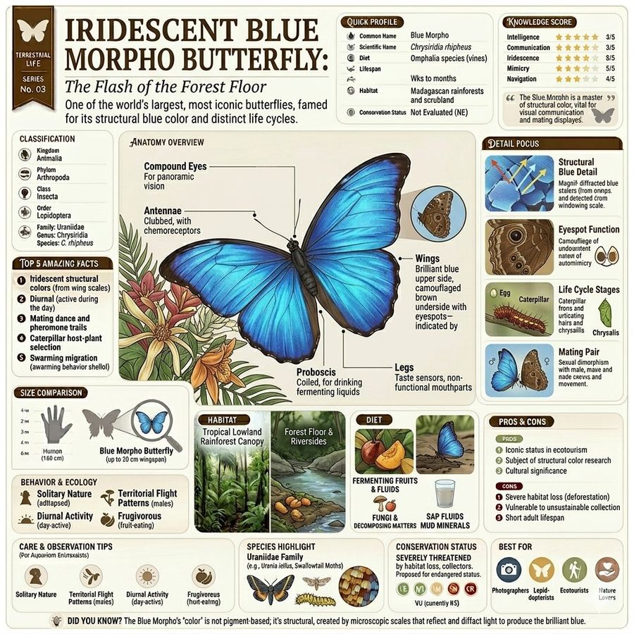 Source reference: a vintage-style blue morpho butterfly encyclopedia page with a large central butterfly, small diagrams, maps, and dense printed labels