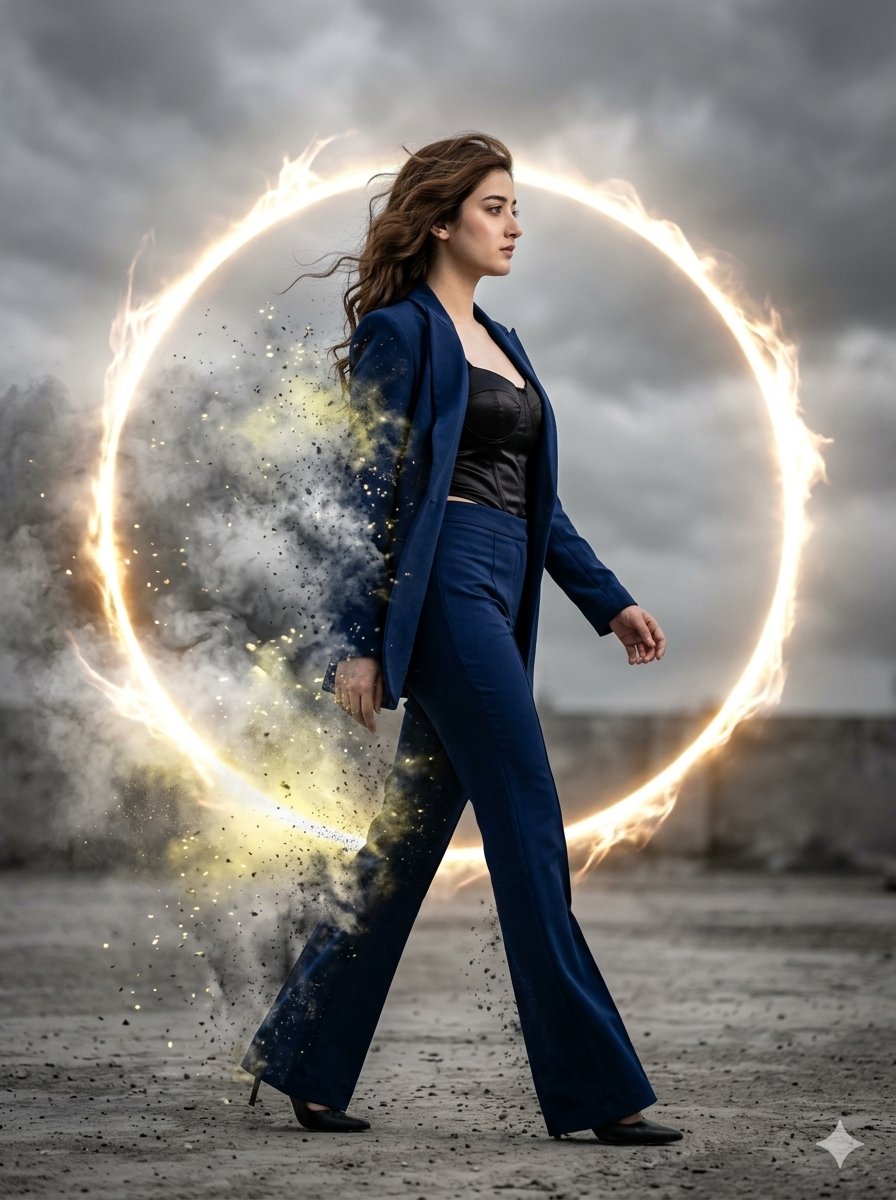 Sample output image for Cinematic Disintegrating Fashion Editorial
