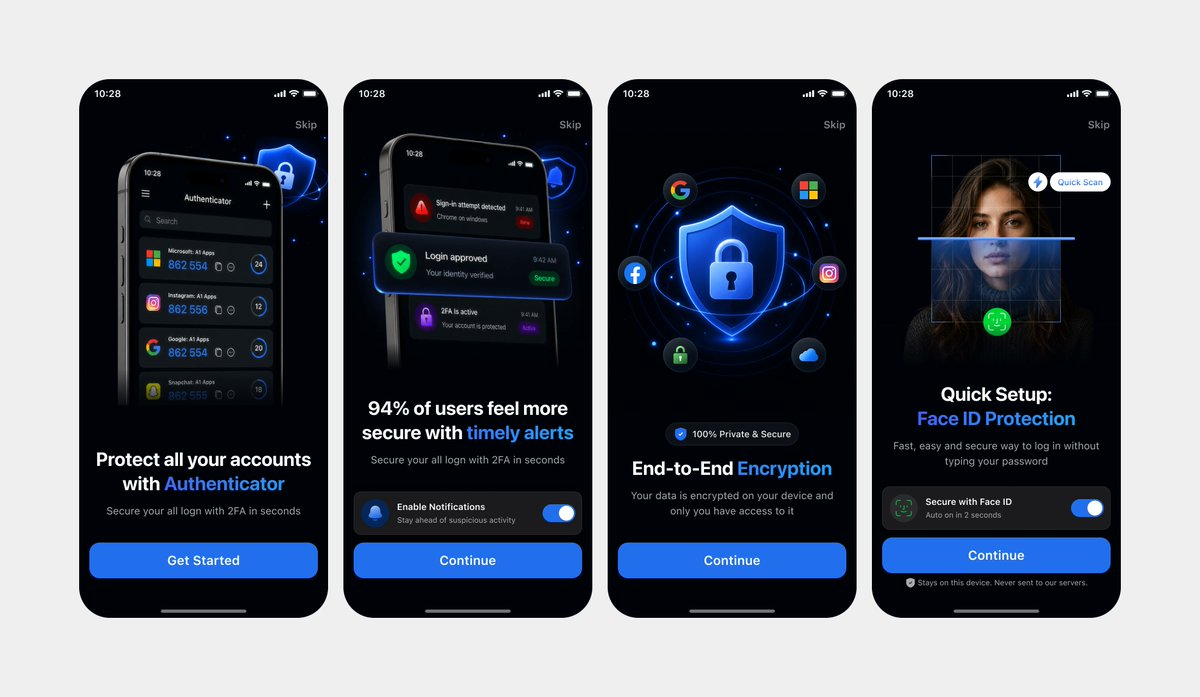 Clean Authenticator Onboarding UI Mockups