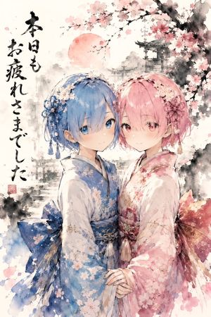双子和服樱花水彩