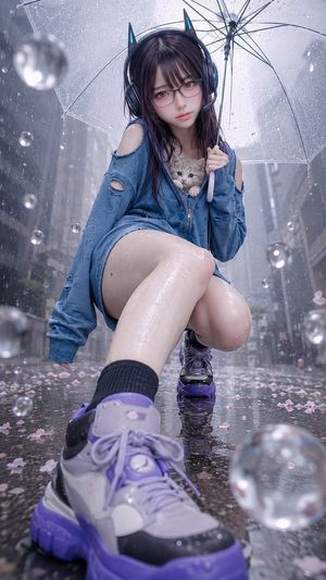 雨中猫耳少女与小猫
