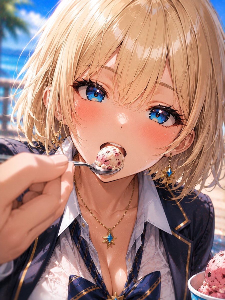Blonde Beach Anime Girl with Ice Cream
