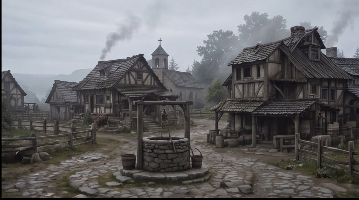 Misty Medieval Village Establishing Shot
