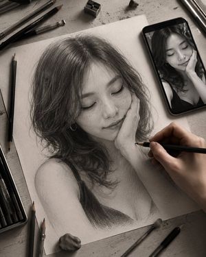 深夜石墨肖像画工作台