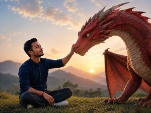 Man Bonding With Red Dragon at Sunset