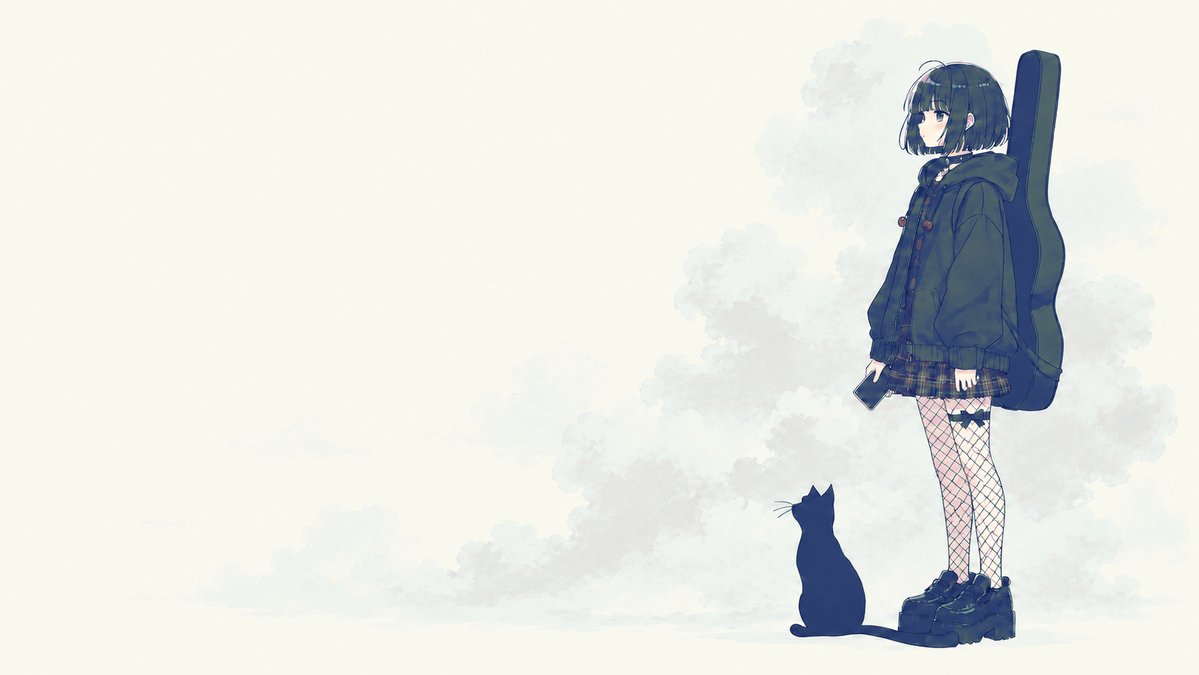 Melancholic Guitar Girl and Cat